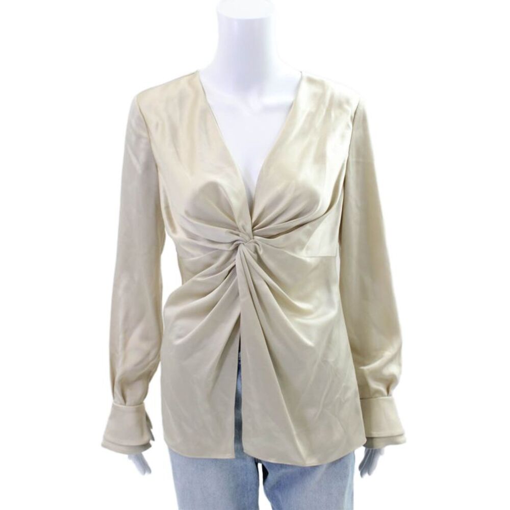 Toccin Womens V-Neck Long Sleeve Twisted Detail Satin Blouse Beige Size XS